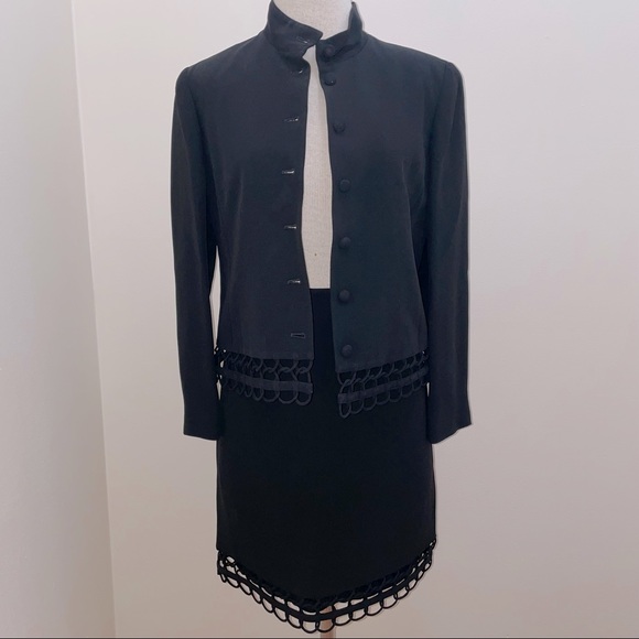 Lafayette 148 New York $1299 Black Blazer skirt set W/cutout Trim size medium